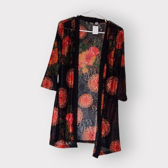 WOMENS XL BLACK AND ORANGE FLORAL LACE BLOUSE - Picture 3 of 4